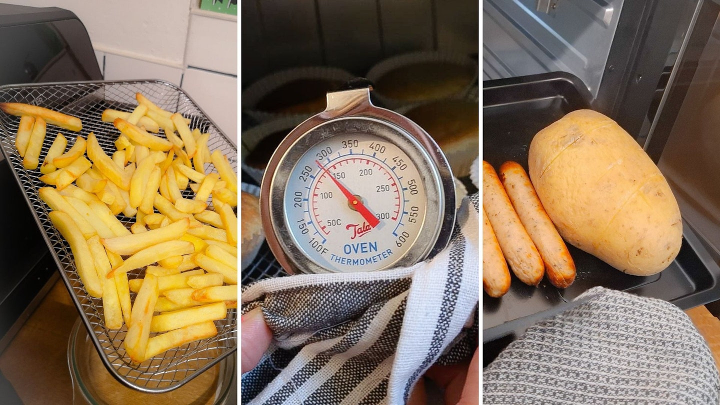 Using an oven thermometer to check the temperature of an air fryer, plus cooking chips and a baked potato