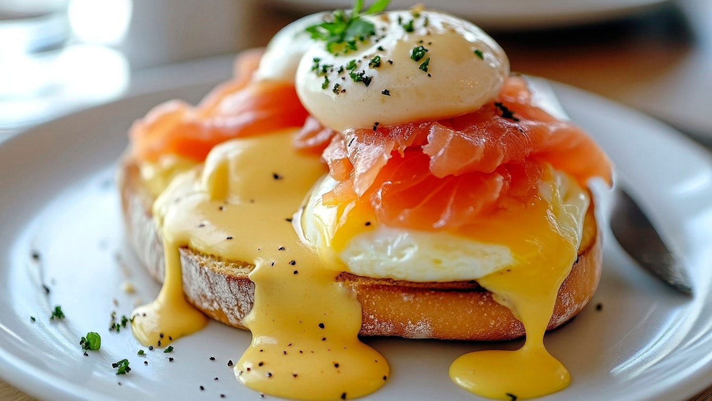 Tasty breakfast smoked salmon on eggs