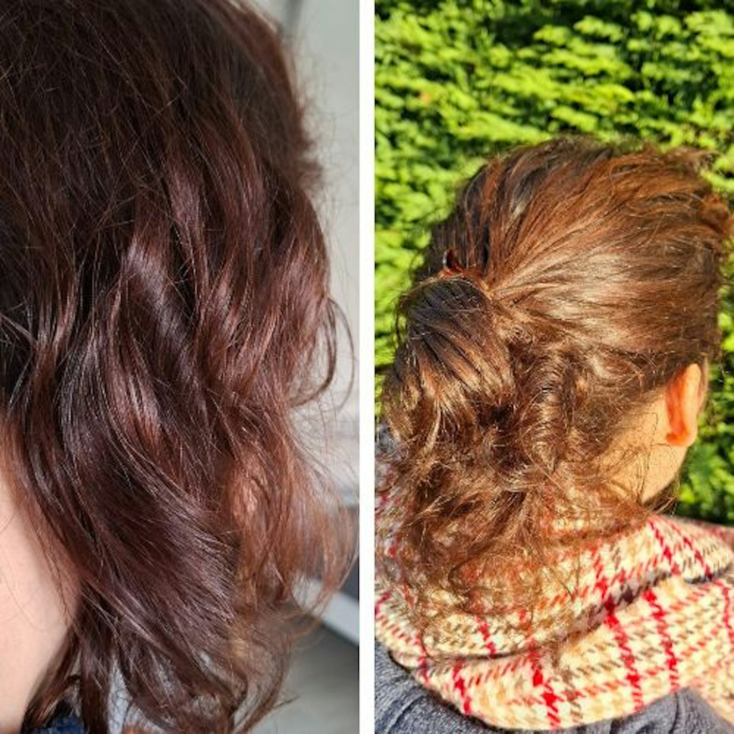 Side by side photos of tester's wavy brown hair in natural light and sunlight