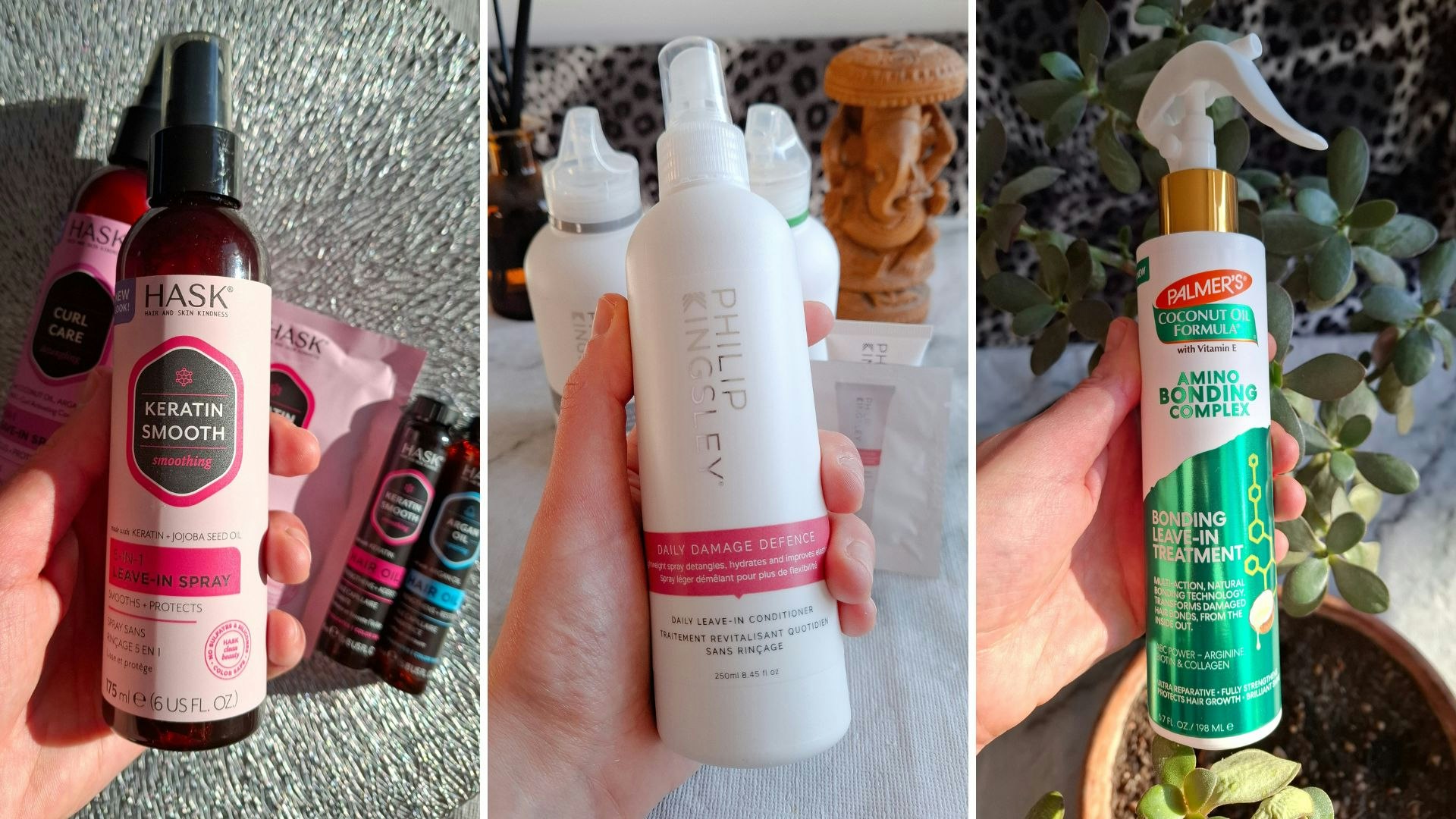 three photos of leave-in conditioner bottles by HASK, Philip Kingsley and Palmers in tester