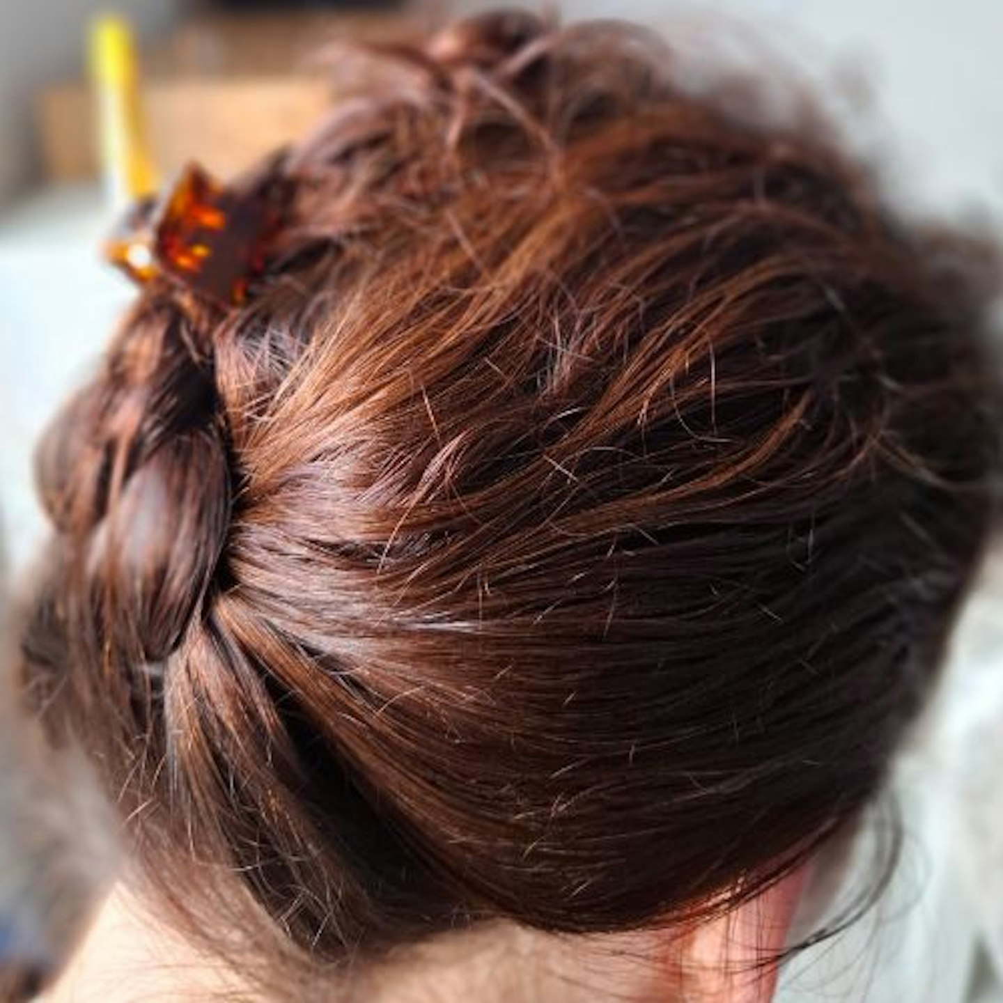 Back view of our tester's auburn hair, plaited in an up-do and clipped