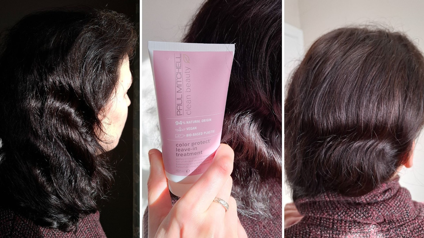 three photos of tester's wavy dark brown hair from different angles and tester holding a tube of Paul Mitchell Color Protect leave-in conditioner