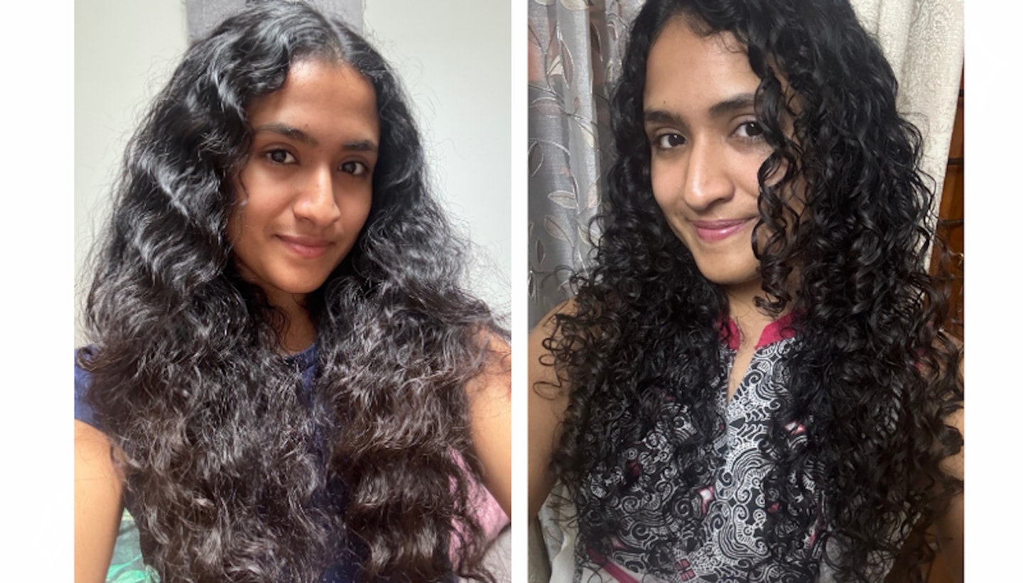 Akhila's curly hair before and after using the Curly Girl Method