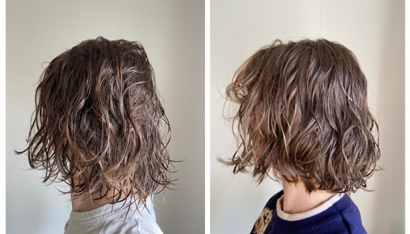 Ella's wavy hair before and after styling after following the Curly Girl Method