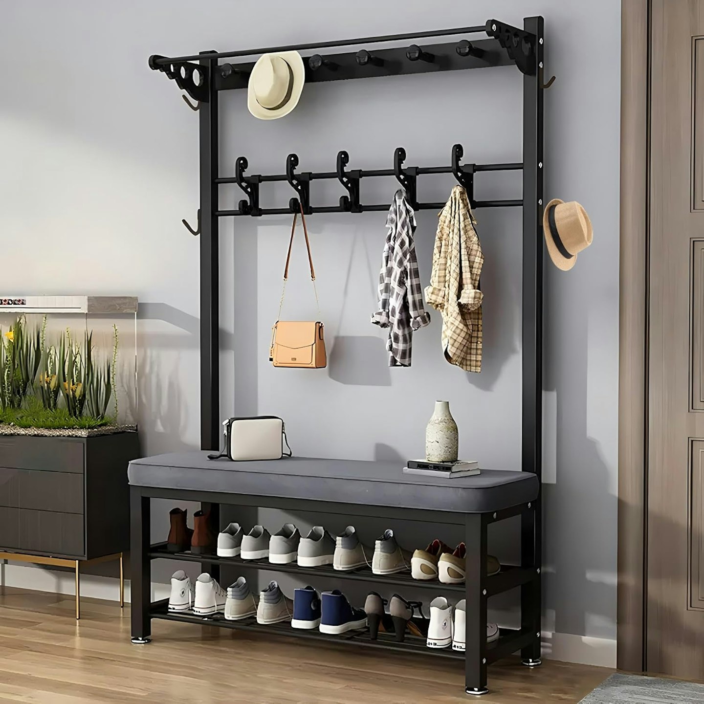 image of an Industrial Coat and Shoe Rack with Bench in a home