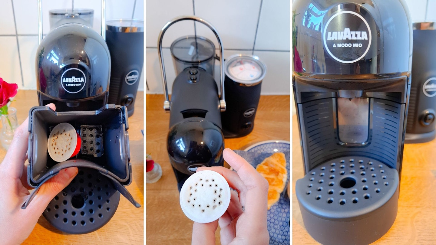 close ups of the capsule collection container and a used coffee capsule in the Lavazza A Modo Mio Jolie & Milk