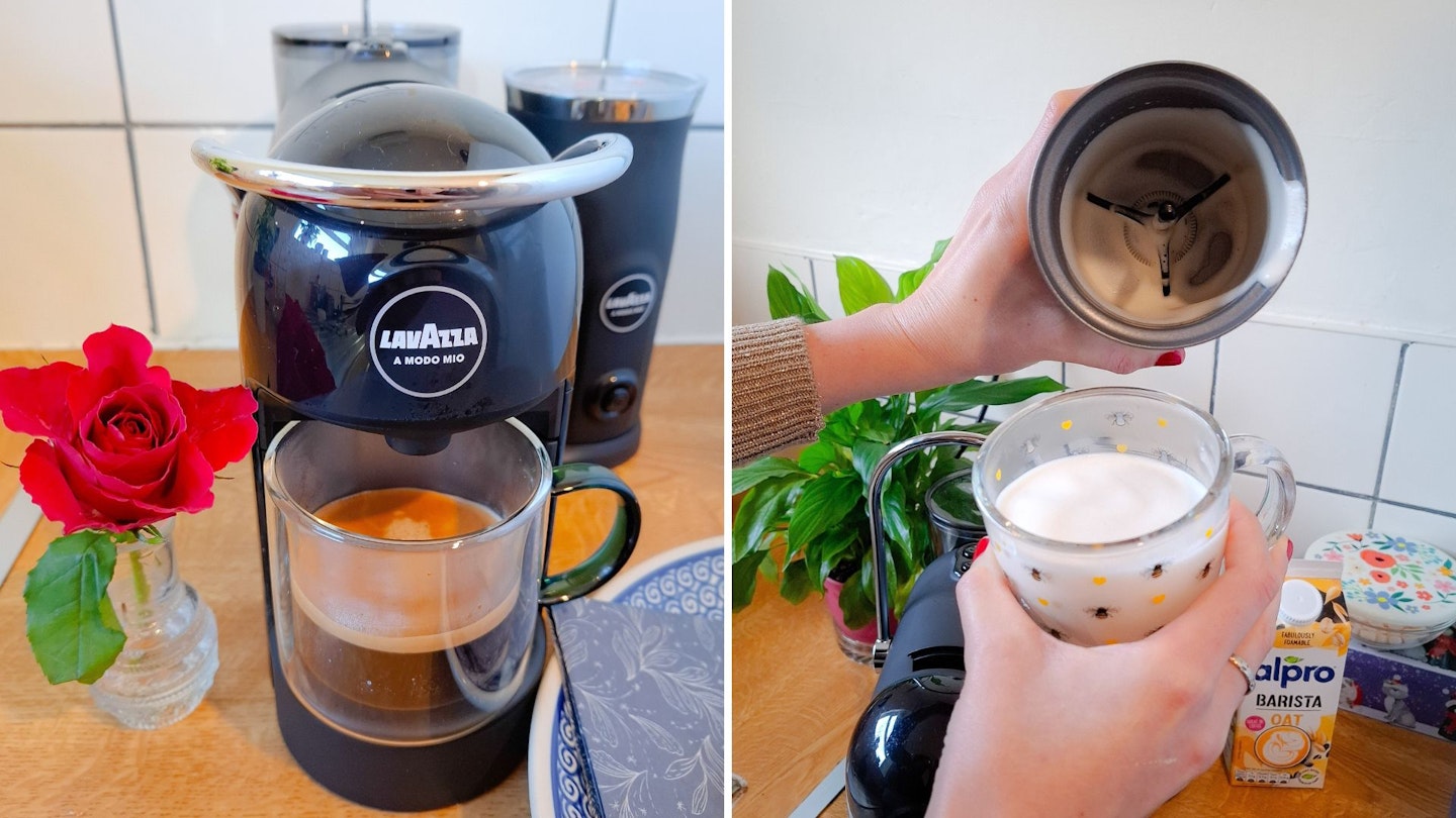 side by side photos of a double espresso in a glass mug next to frothed and foamed milk poured into a glass mug from the Lavazza milk frother