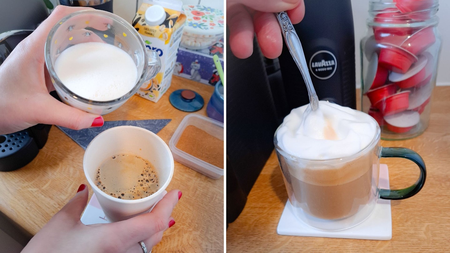 foaming oat milk and skimmed milk in a milk frother, side-by-side comparison