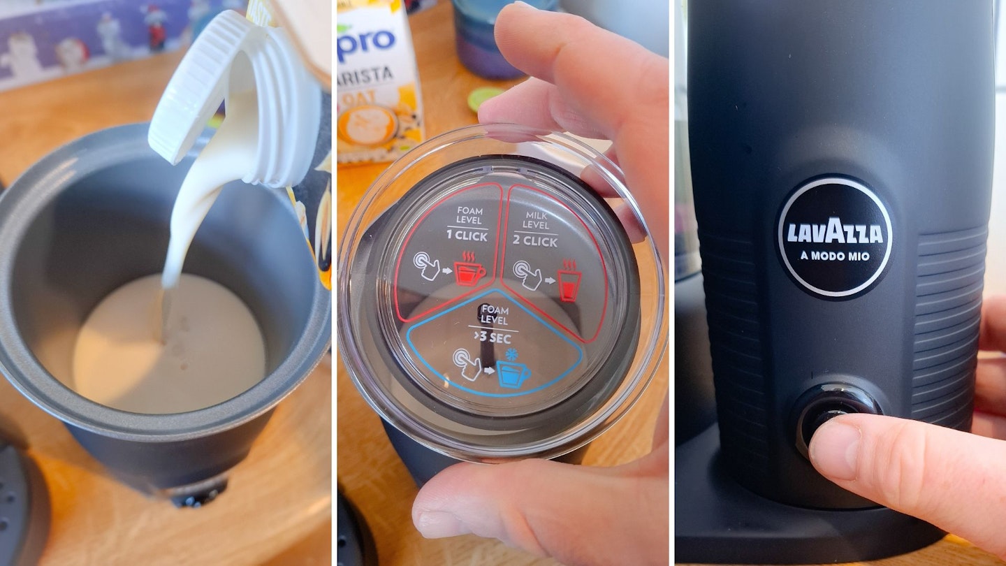 details of the Lavazza milk frother, pouring in milk, lid instructions and the one-touch button