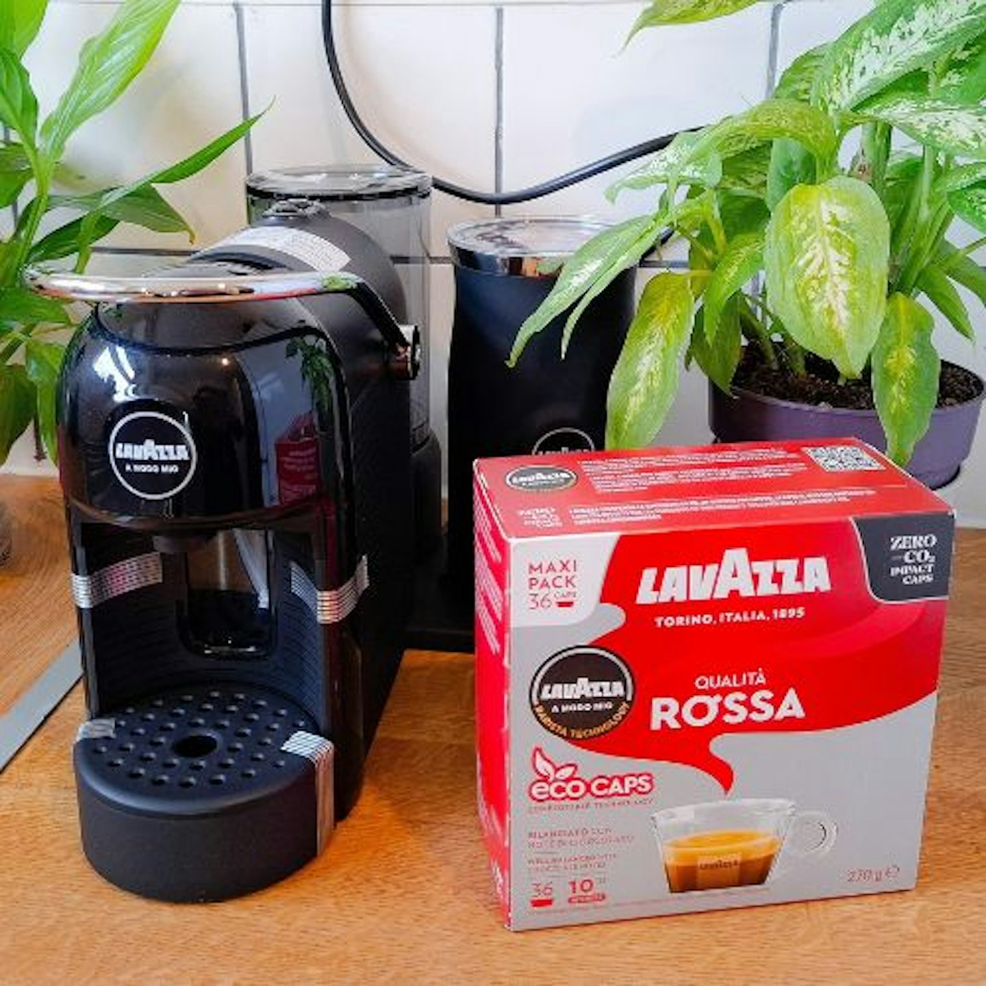 photo of Lavazza A Modo Mio Jolie & Milk coffee machine and a box of Lavazza coffee capsules on a kitchen countertop with green leafy plants