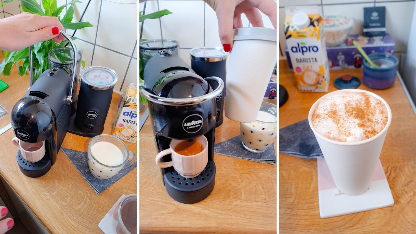 making a dirty chai latte with the Lavazza A Modo Mio Jolie & Milk coffee machine and milk frother. Served in a reusable cup.