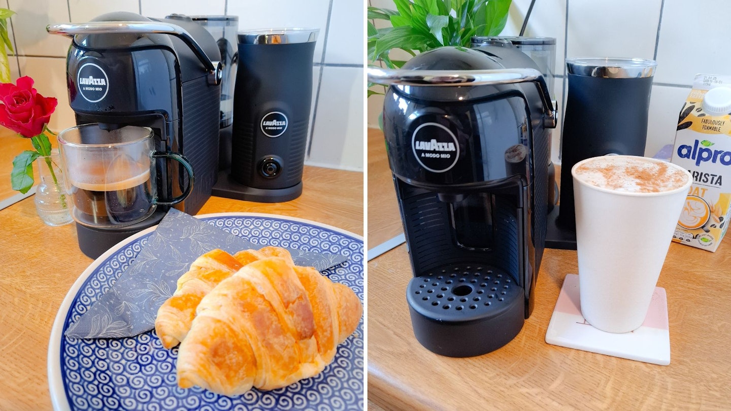 croissants and a double espresso or a large latte in a reusable cup - the versatility of the Lavazza A Modo Mio Jolie & Milk and the range of coffees it can make