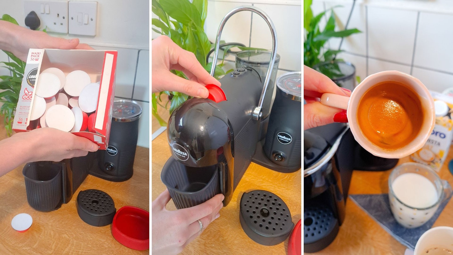 a pack full of Lavazza A Modo Mio eco caps coffee pods. One red capsule being placed into a coffee machine, then the crema of an espresso in a cup