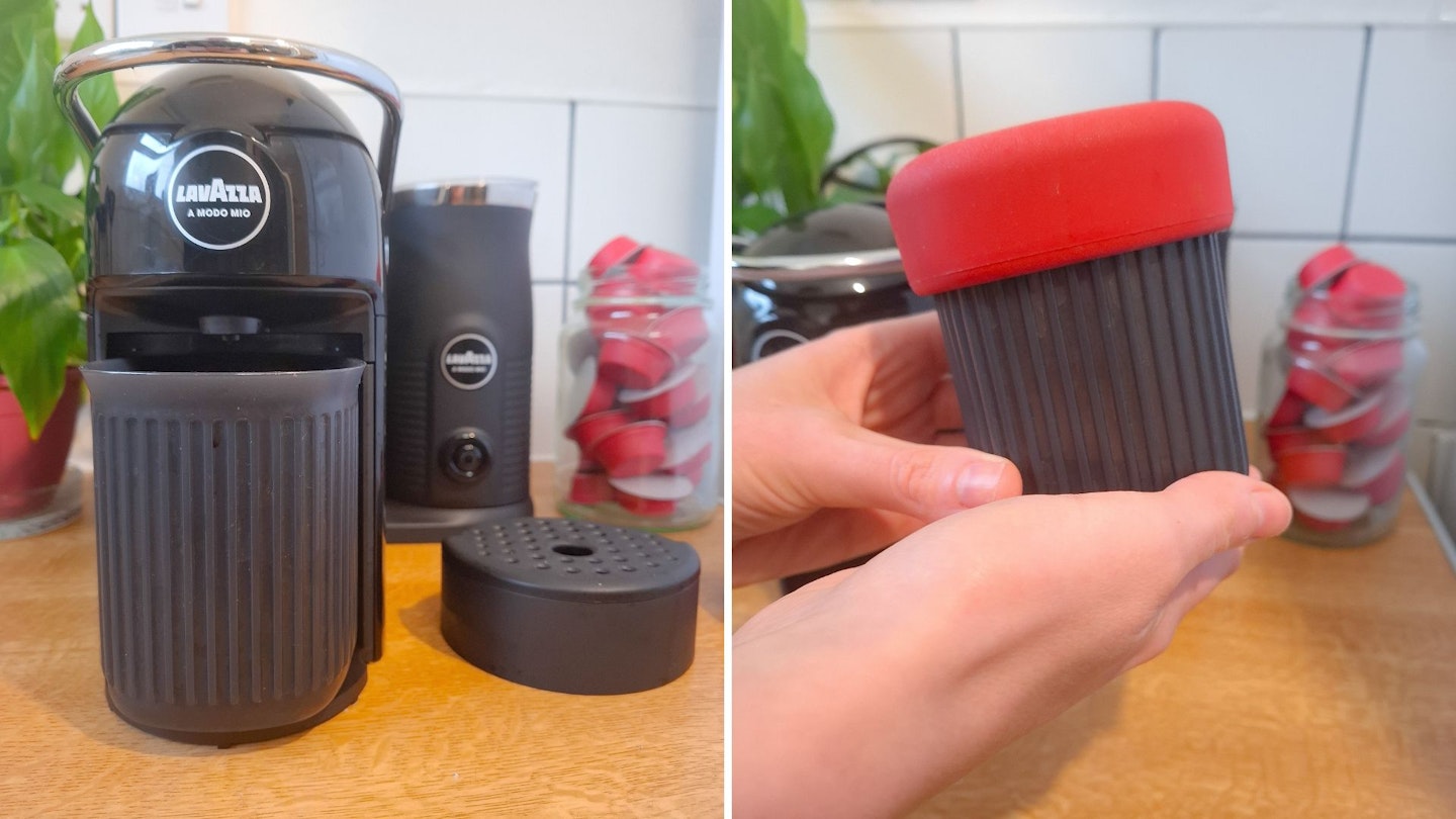 the removable drip tray means a tall reusable coffee cup can fit under the spout of a Lavazza A Modo Mio Jolie coffee machine