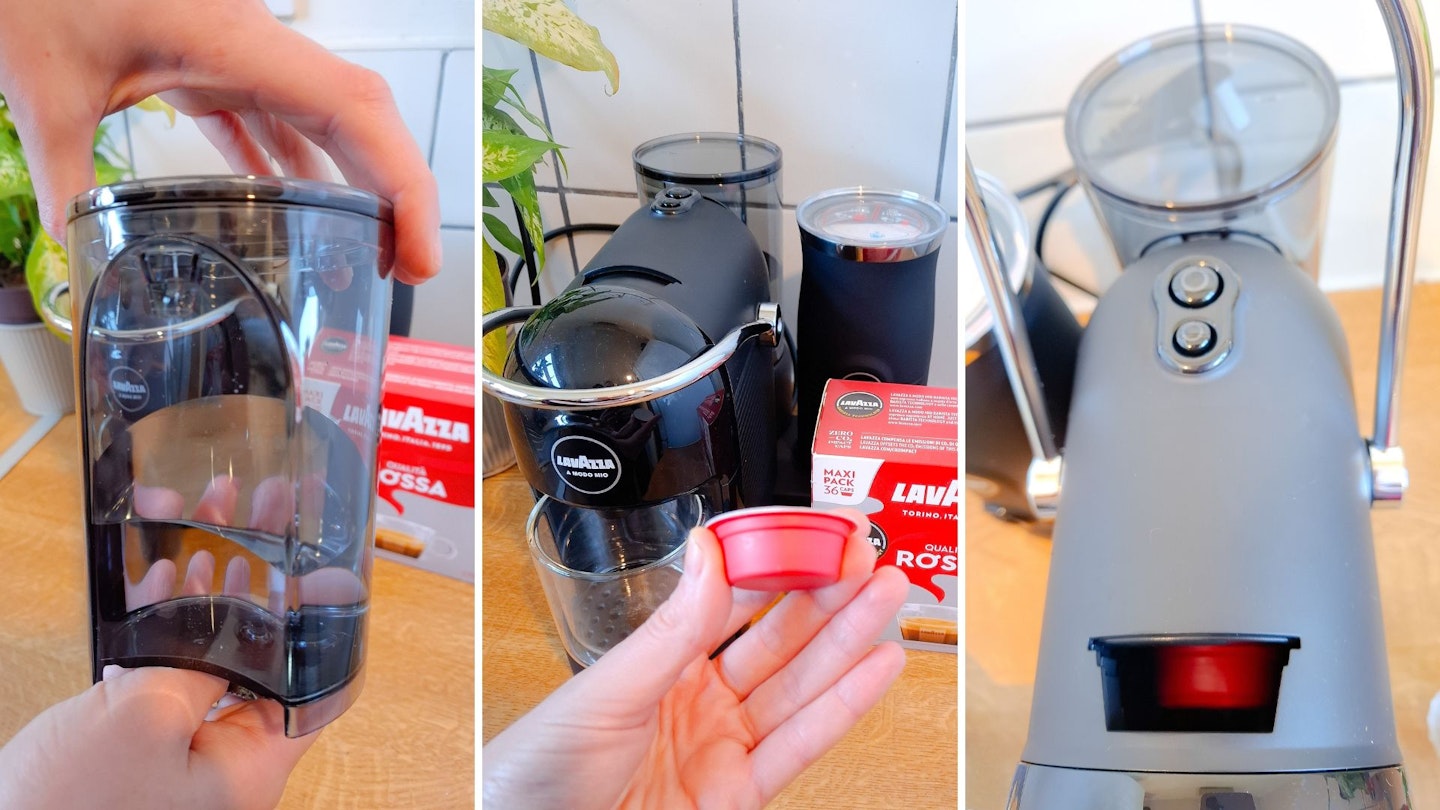 filling the water tank and inserting a capsule into a Lavazza coffee pod machine