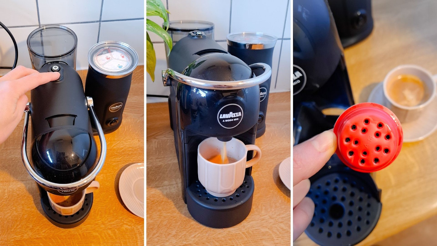 Pressing the button to brew an espresso in a Lavazza coffee pod machine, plus the perforated holes in the coffee capsule after brewing