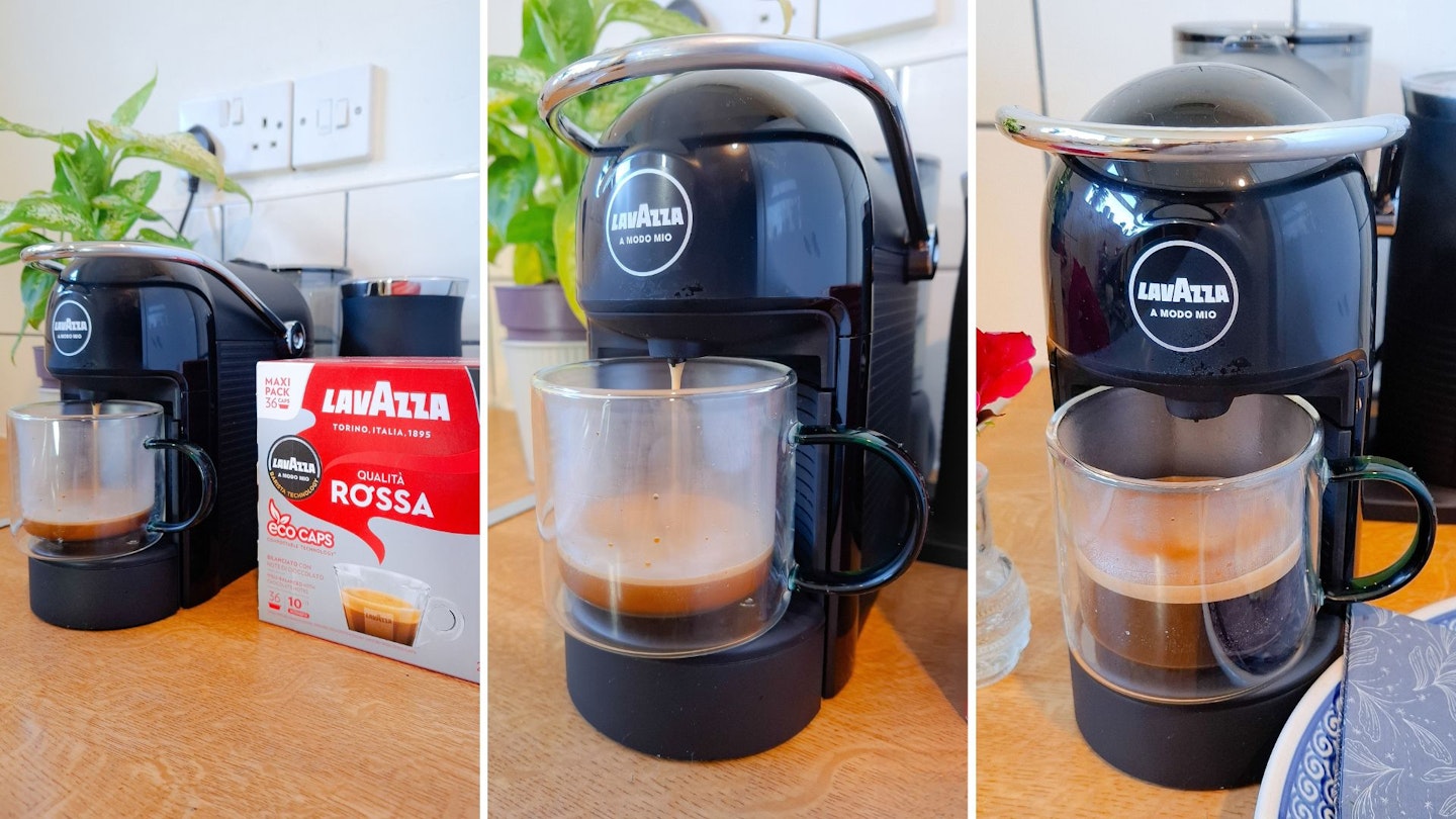 brewing a double espresso in a Lavazza coffee machine in a double walled glass mug