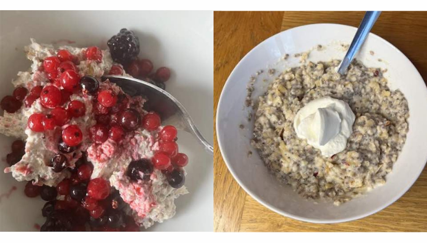 Bircher with red berries and porridge with chia seeds and yogurt