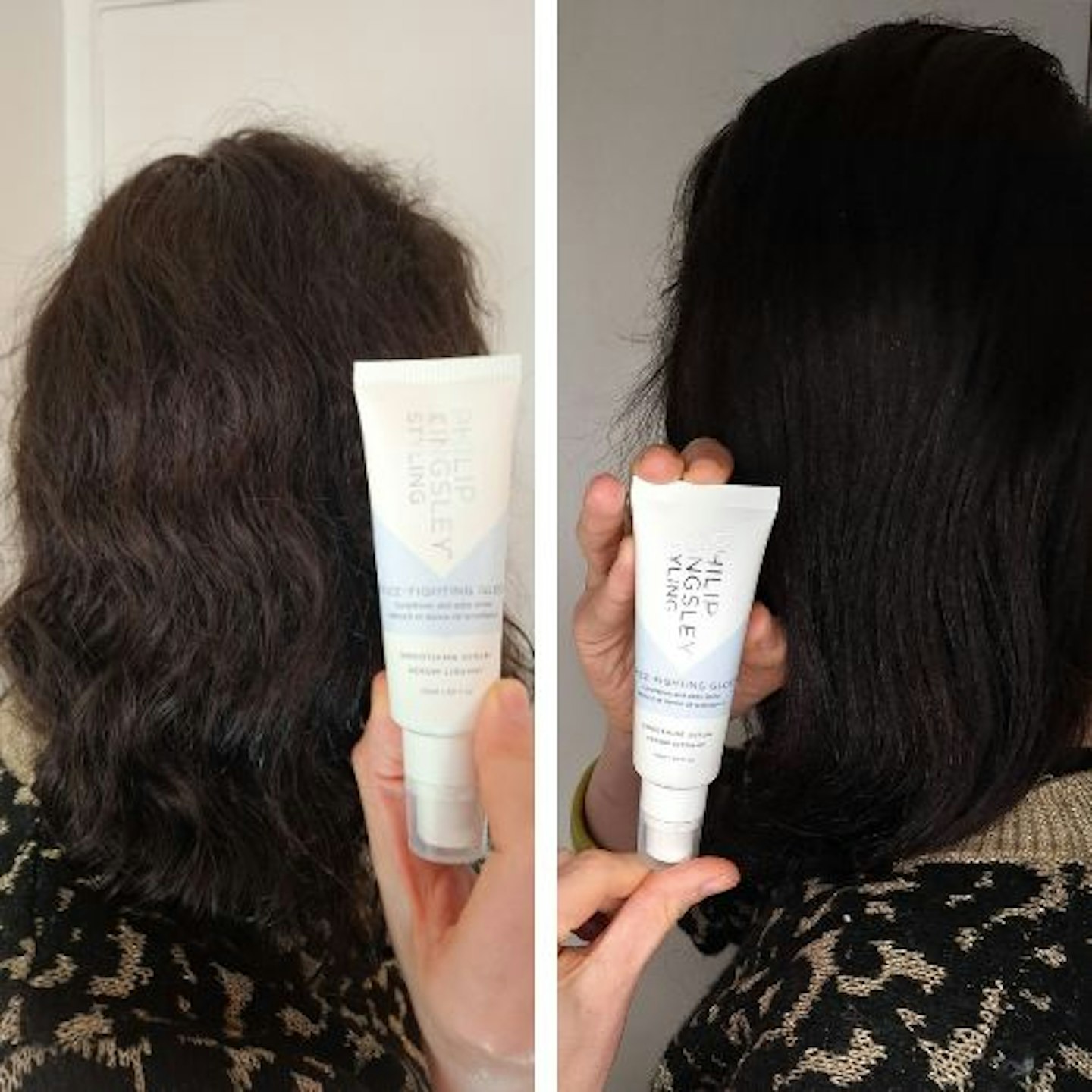 before and after of tester's hair, having used Philip Kingsley Frizz-Fighting Gloss serum: frizzy and curly brown hair on the left and sleek and straightened hair on the right