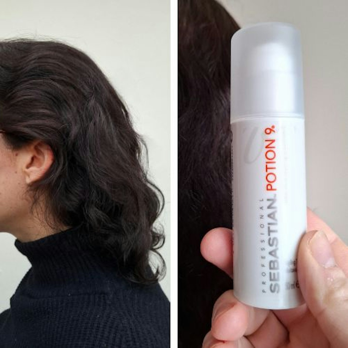 two photos, showing tester's dark brown curly hair and a close up of Sebastian Professional Potion 9 Leave-In Styling Conditioner tube against hair