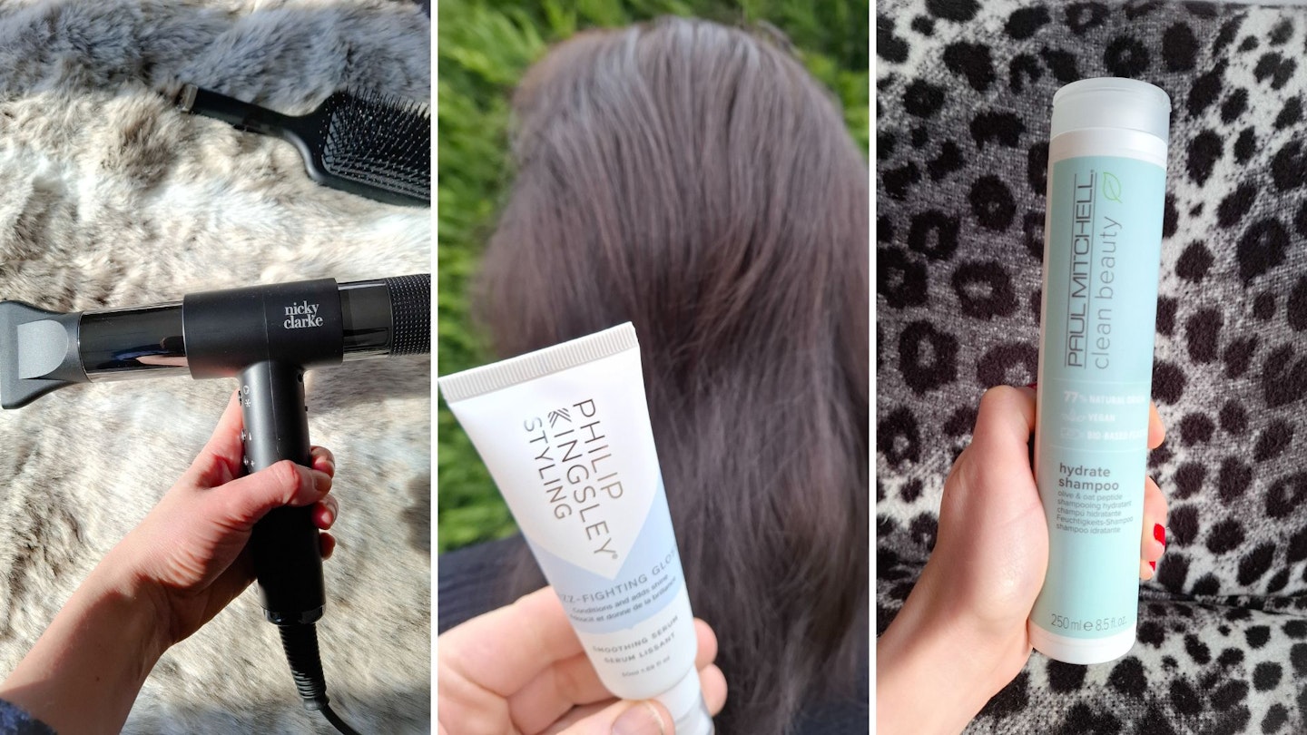 Three photos of haircare products; Nicky Clarke hair dryer, Philip Kinsley serum and Paul Mitchell shampoo - all tried and tested for controlling frizz in hair