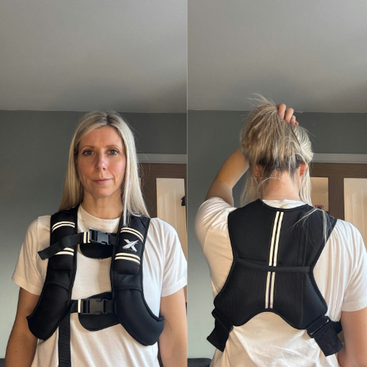 Woman in white t-shirt with blonde hair, wearing a black weighted vest. Front and back views shown 