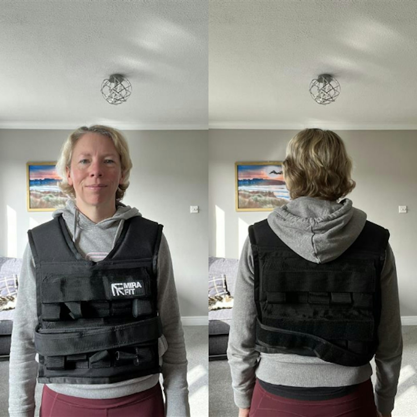 Woman with short blonde hair wearing grey hoodie and black weighted vest 