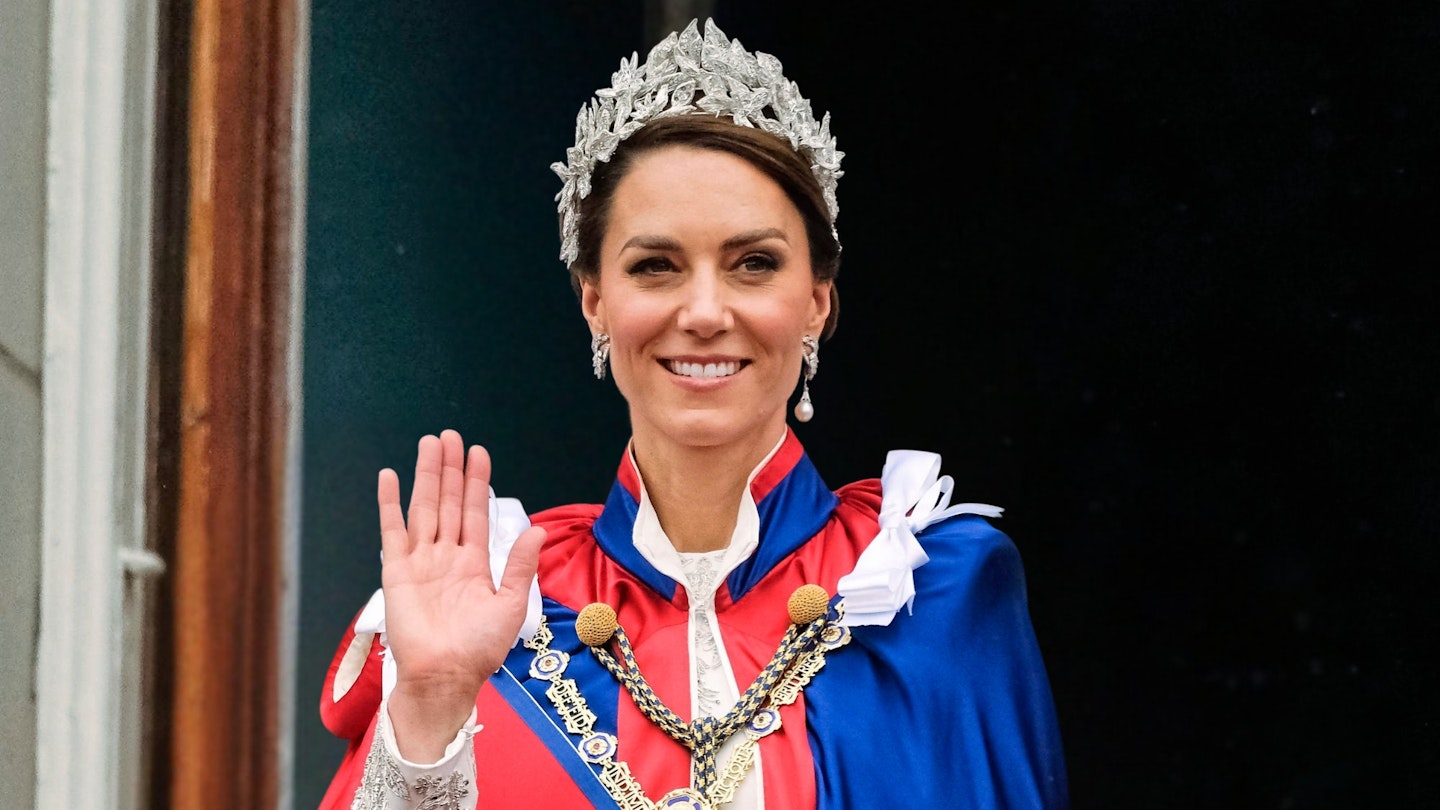 Catherine, Princess of Wales photographed as the Royal Family gather on the balcony following the Coronation of Their Majesties King Charles III and Queen Camilla at Buckingham Palace
