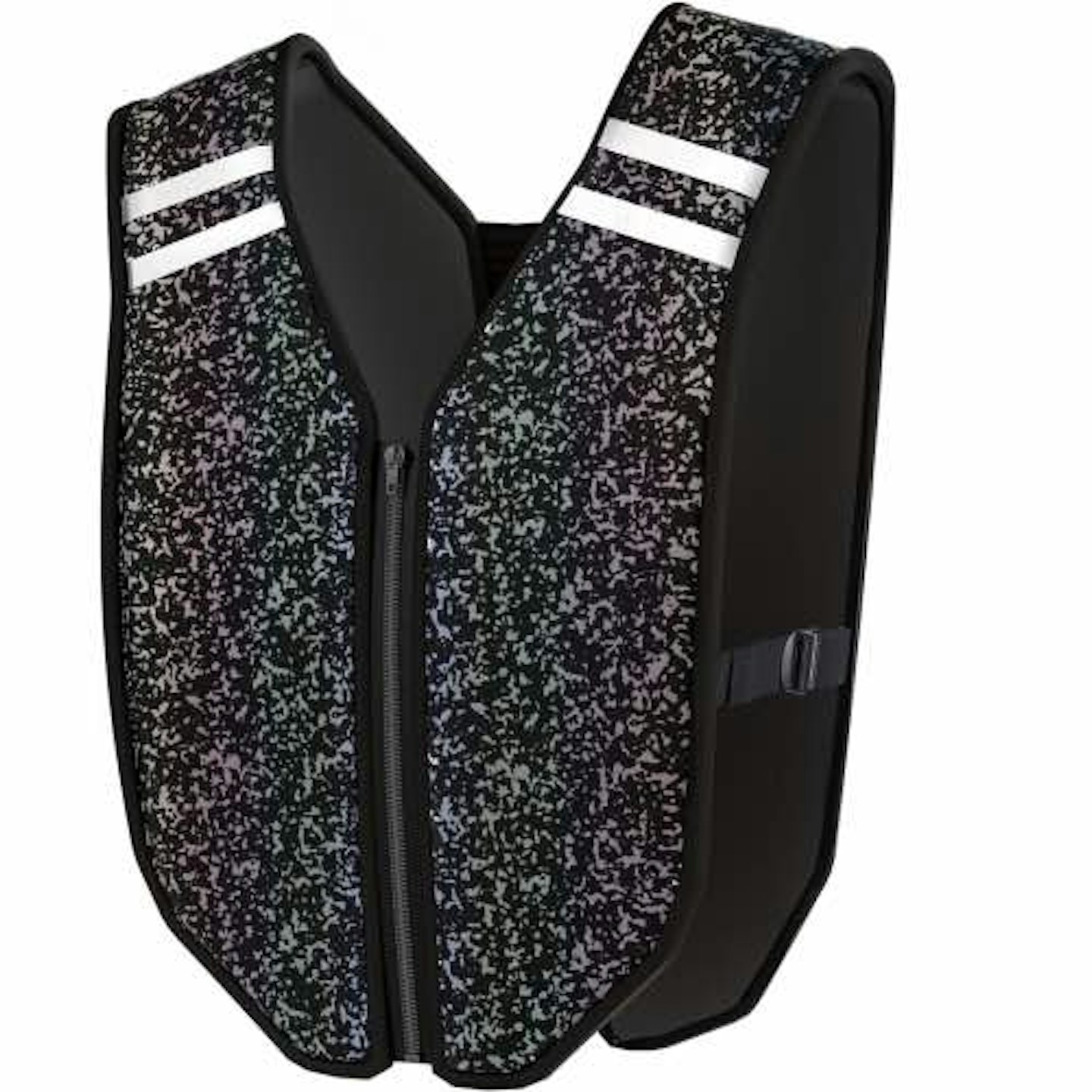 Black zip up weighted vest with silver reflective stripes on shoulders 