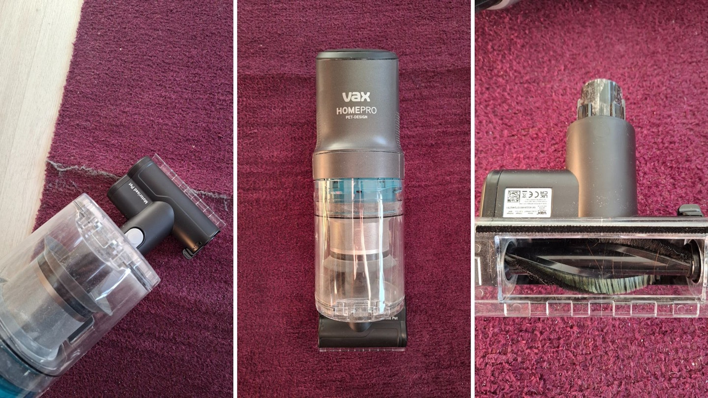 Different views of the VAX HomePro as a handheld vacuum with the motorised pet tool on a purple rug