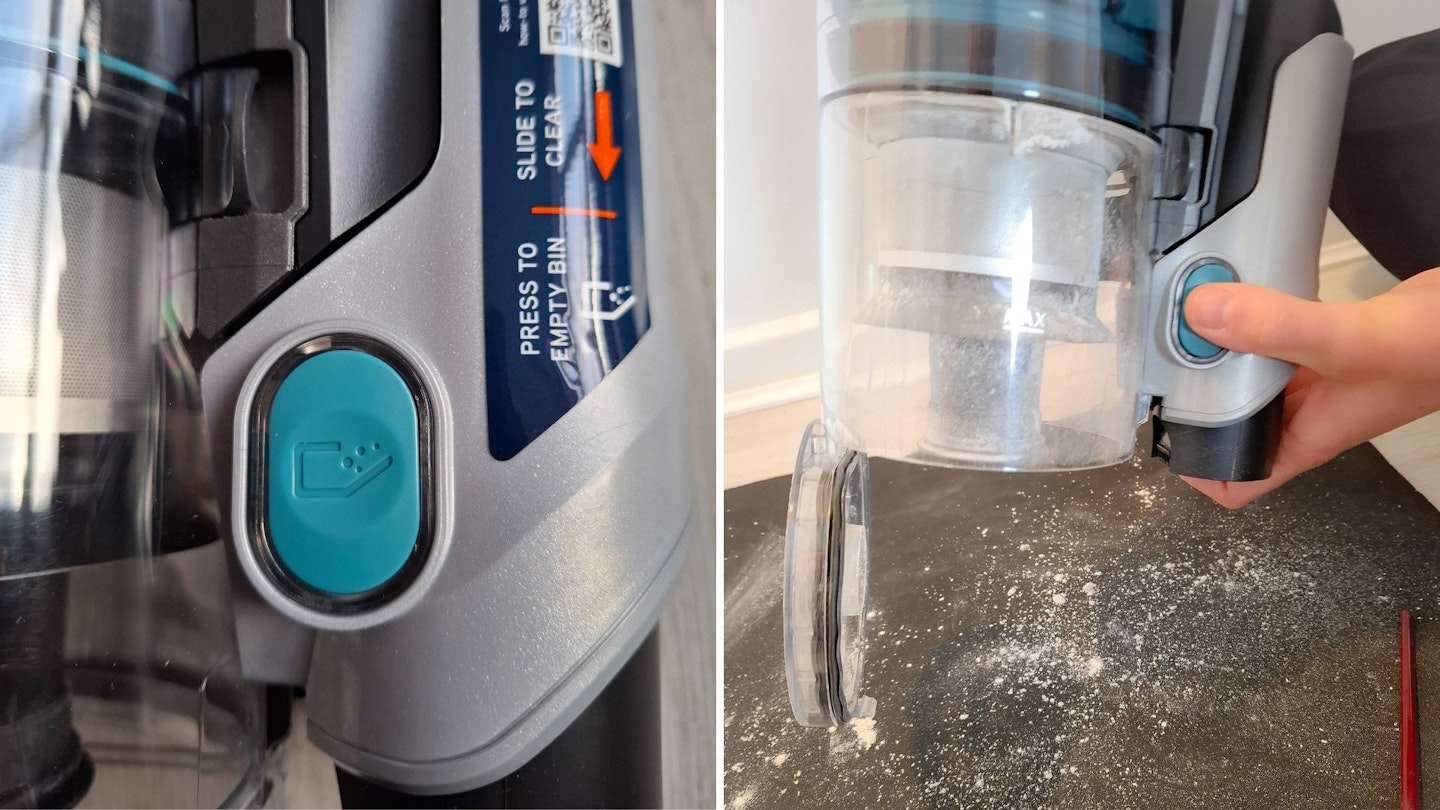 Easy to open dust collection container with a button release