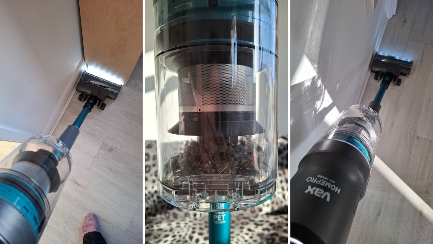 VAX HomePro Pet Design Cordless Vacuum Cleaner headlines, edge-to-edge cleaning and dust collection bin after one use