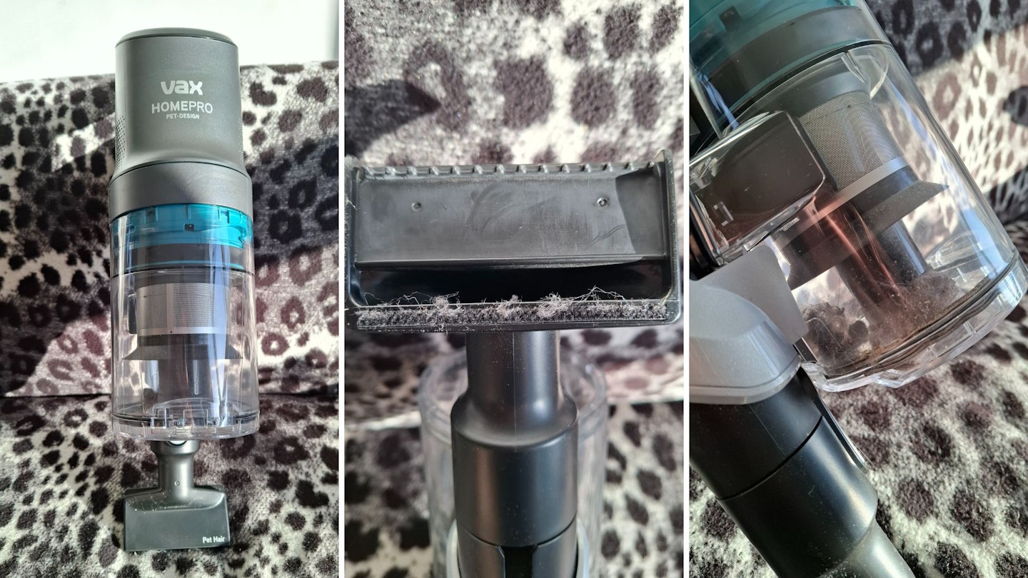 VAX HomePro Pet Design Cordless Vacuum Cleaner with Pet Hair tool attached showing what it picks up from a woollen rug