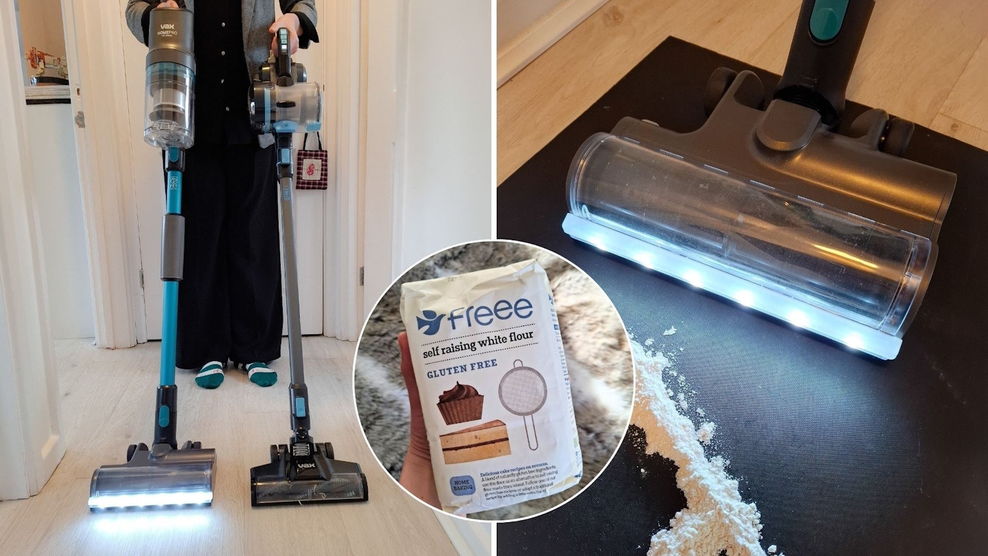 Demonstrating the power of the VAX HomePro cordless vacuum cleaner with spilt flour