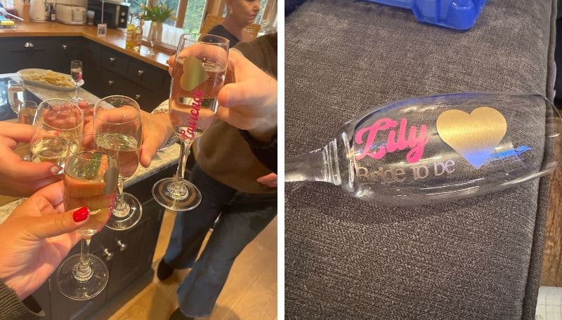 Prosecco glasses I personalised using the Cricut Joy Xtra