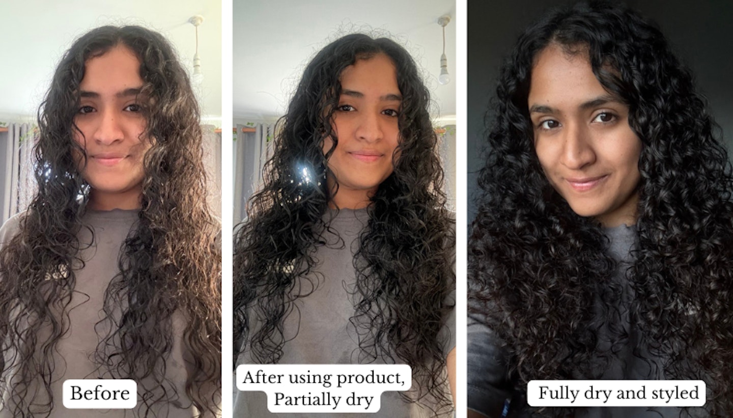 Stages of tester using hair mousse - before, partially dry and fully dry