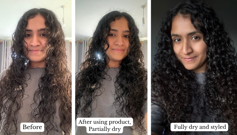 Stages of tester using hair mousse - before, partially dry and fully dry
