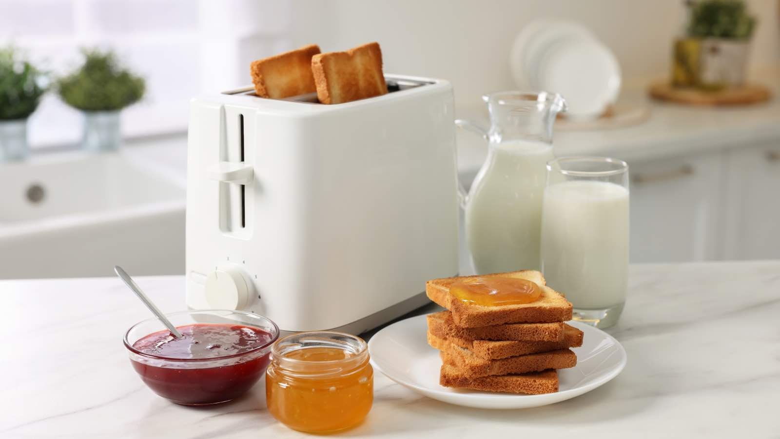 Toast, toaster, jam, honey and milk