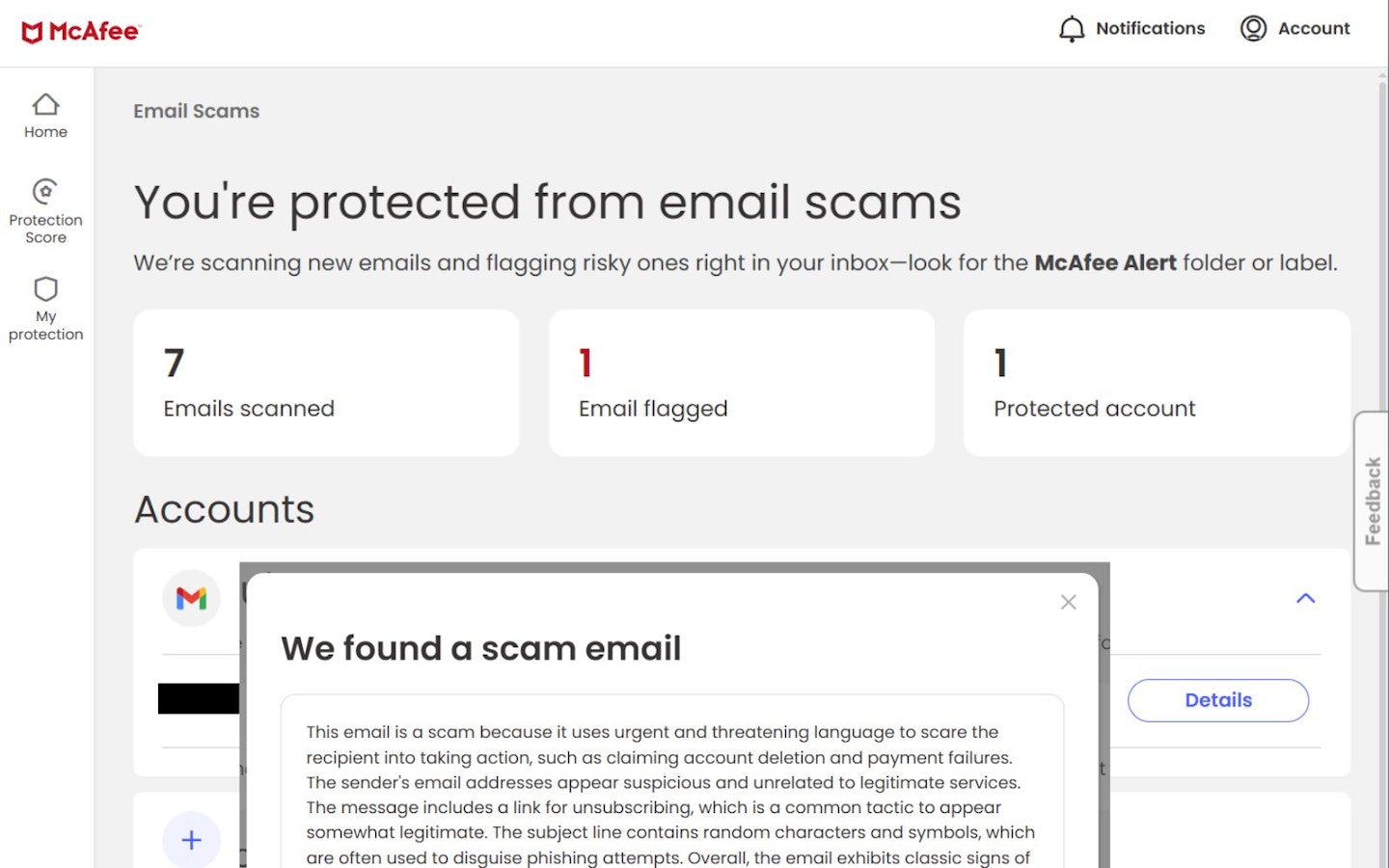 McAfee Protection Center website - email scam report