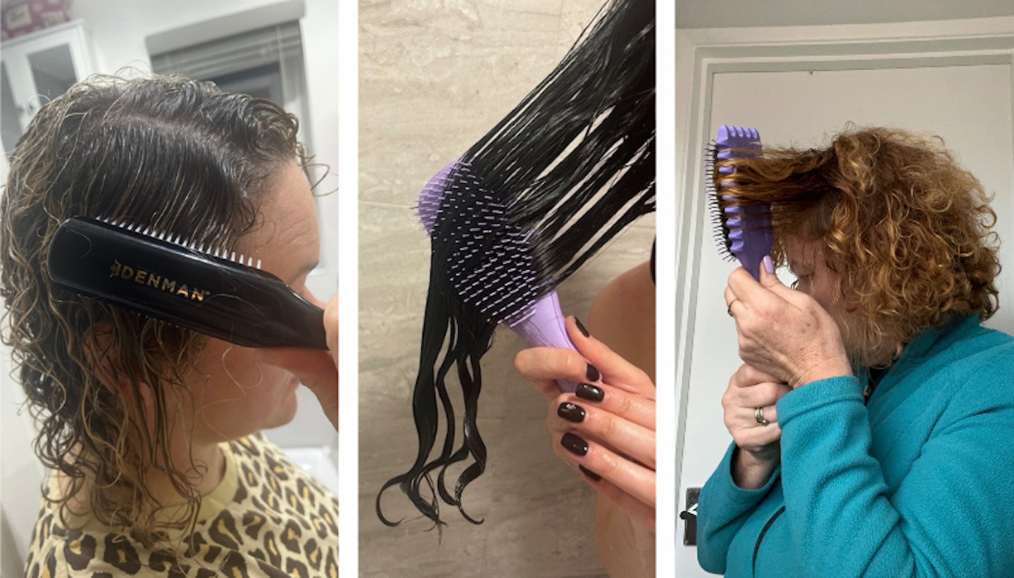 Images of different types of hairbrushes for curly hair being used on damp hair, wet hair and dry hair (from L to R)