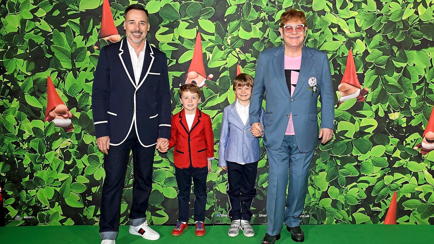 David Furnish and Elton John with sons Elijah and Zachary attending the 'Sherlock Gnomes' London Family Gala in 2018