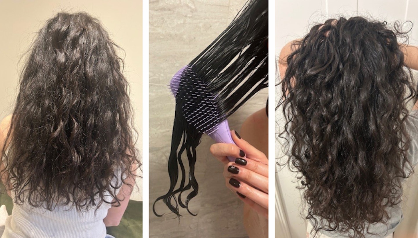 One of the testers reviewing a brush for curly hair – images before brushing, while using the brush on wet hair and after styling (from L to R)