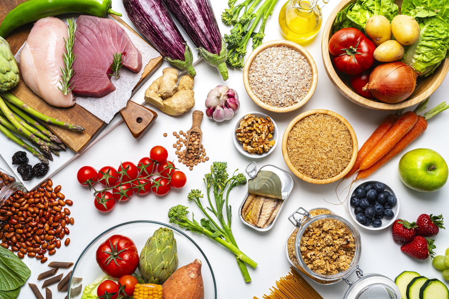 Selection of raw food reccomended for a well balanced diet and healthy digestive system