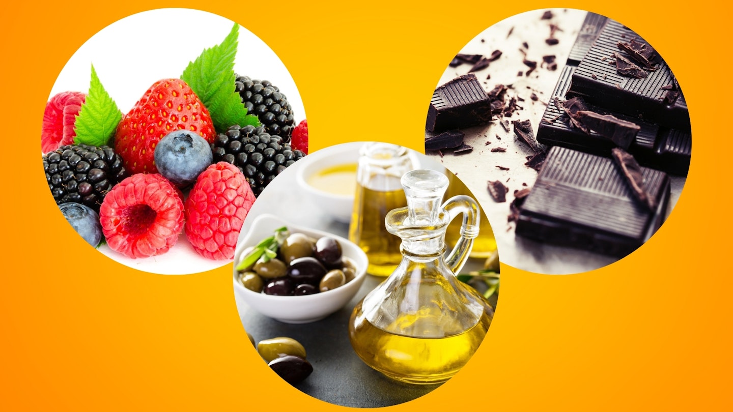 Collage of mix berries, dark chocolate, variety of olive oils