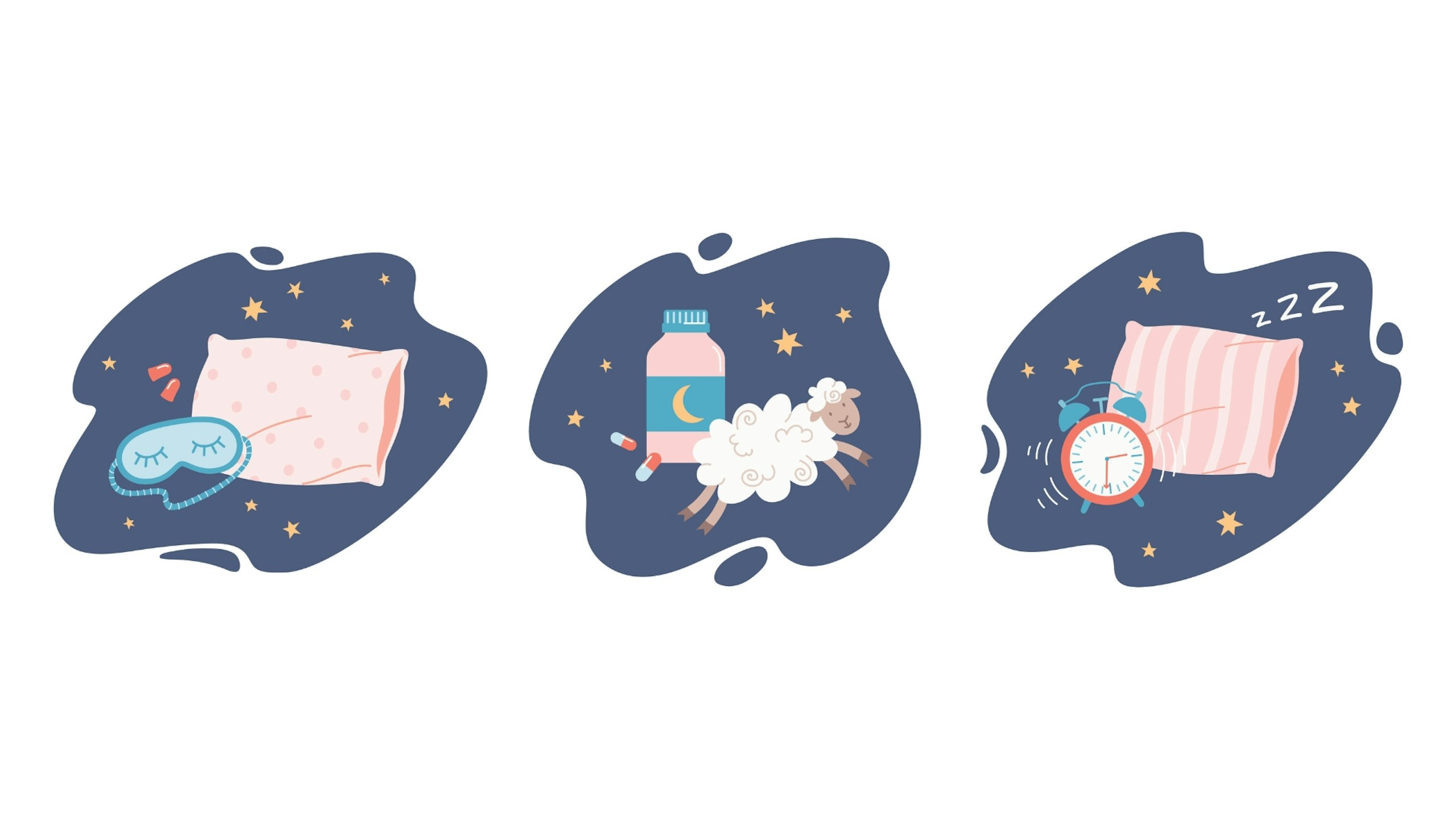 Three blue puddles left to right displaying ear plugs, a pillow and eye mask then sleeping tablets and a sheep then finally an alarm clock going off and a pillow with ZZZ all within them.