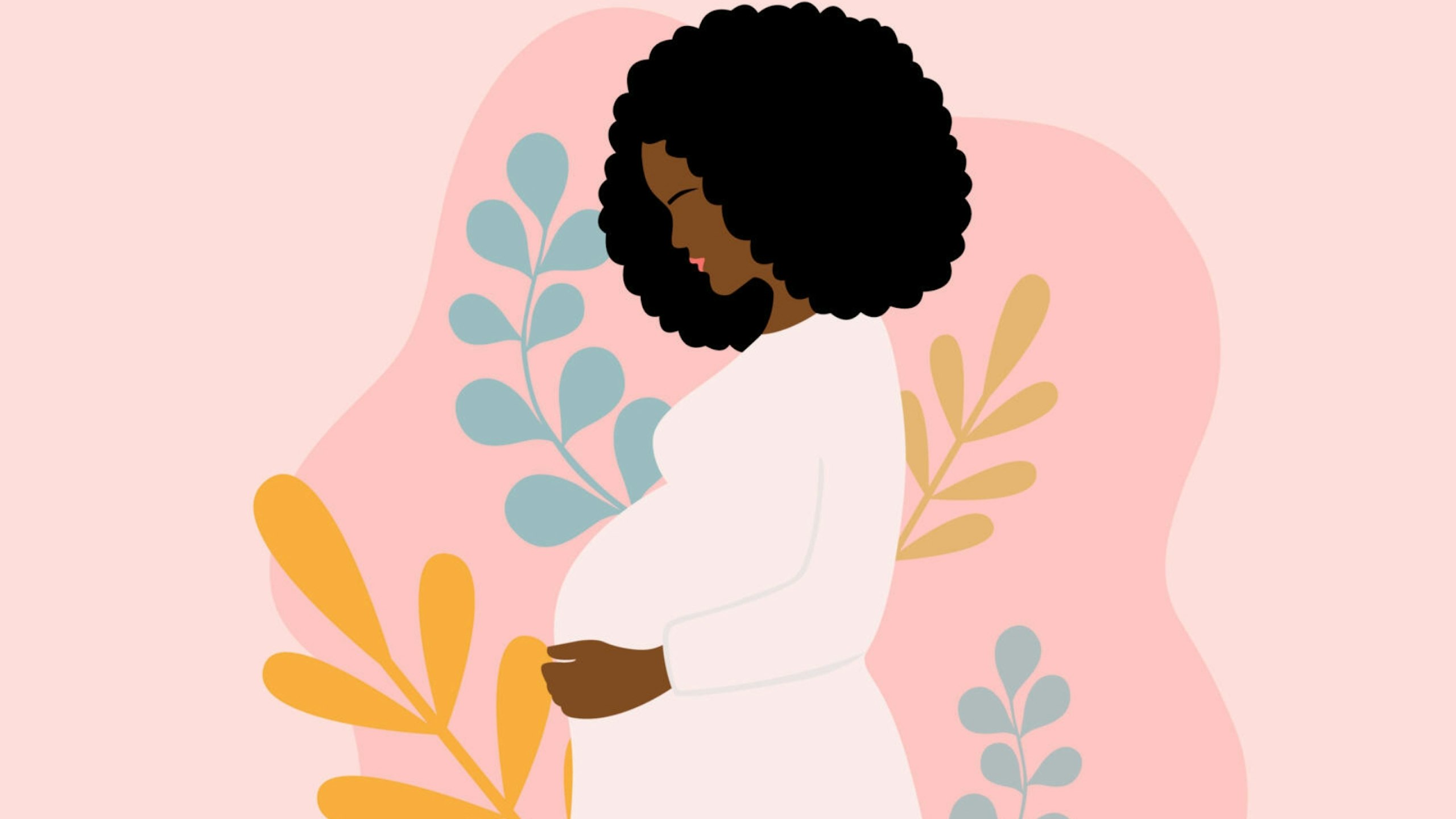Side View Of Young Pregnant African Woman With Black Curly Hair Holding Her Belly. Pregnancy And Motherhood Concept With Pregnant Woman And Leaves On Pink Background