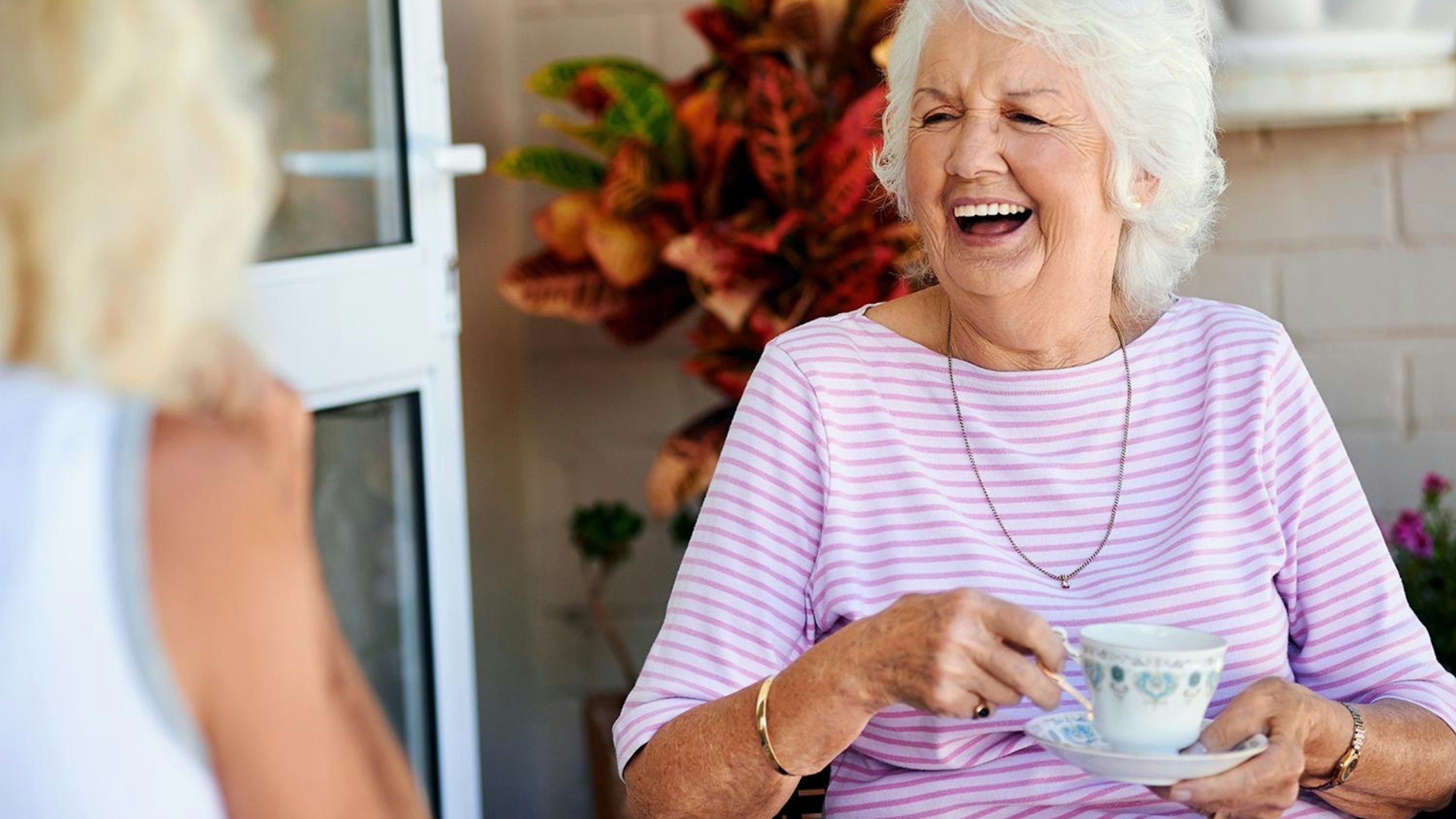 Old friends laughing together and having tea