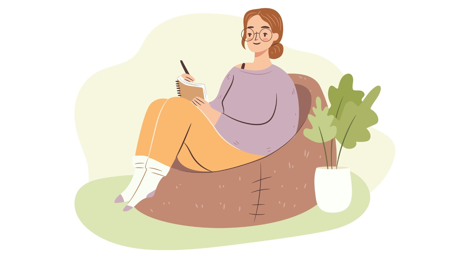 Young woman in bag chair studying. Student girl writing in notebook, journaling