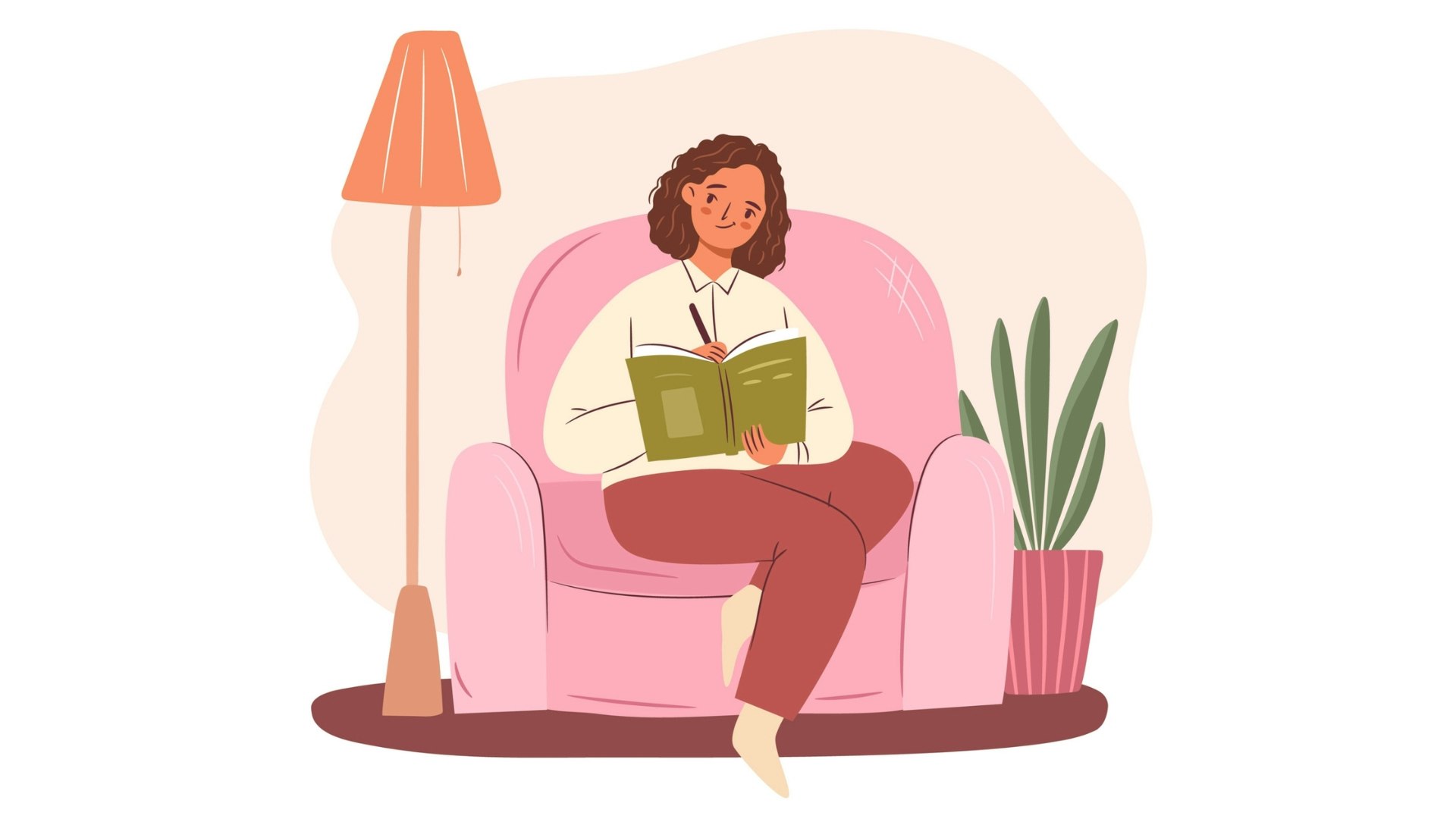 Woman writing sitting in armchair concept. Afro american girl having an idea. Cozy home scene with armchair, plant, lamp