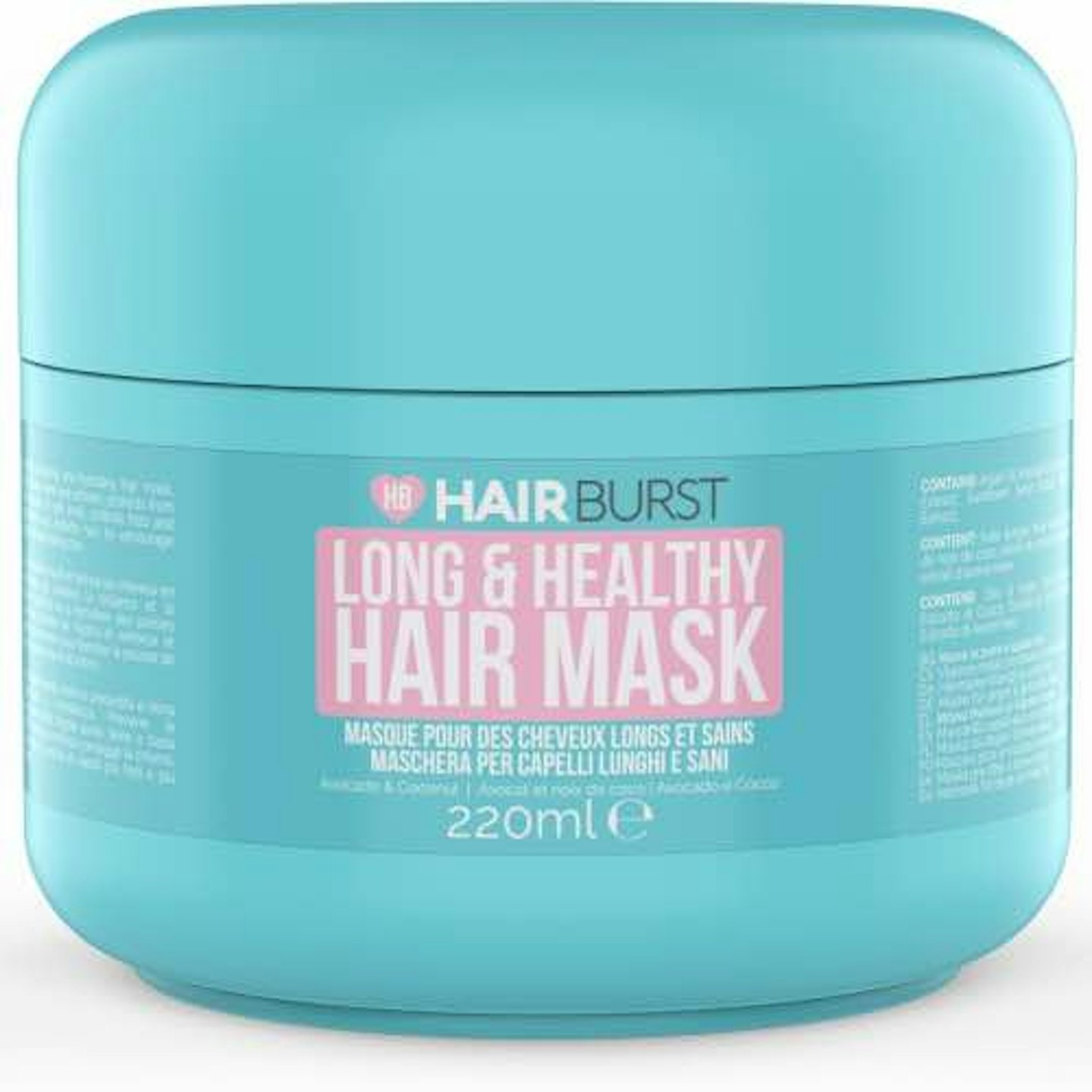 Hairburst long and healthy hair mask in turquoise tub with pink writing